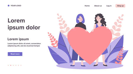 Cheerful female gay couple holding red heartのイラスト素材