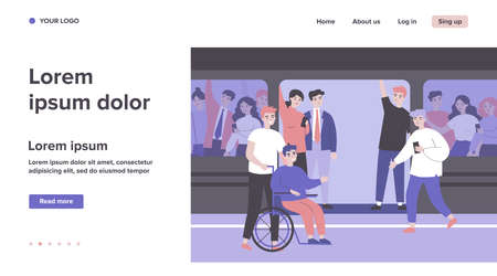 Handicapped guy and his helper travelling by subway train. Help, city transport, wheelchair flat vector illustration. Disabled people support concept for banner, website design or landing web pageのイラスト素材