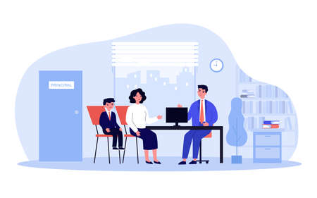School headmaster meeting with student parent. Principal talking to mom and son in his office. Vector illustration for education, children behavior, teaching conceptのイラスト素材