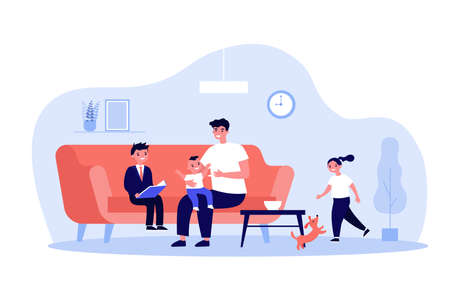 Single father playing games with kids at home. Happy young man and group of children having fun in living room together. Vector illustration for dad, family, parenthood conceptのイラスト素材