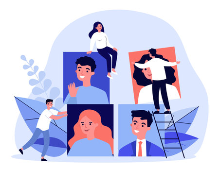 Recruiters analyzing job candidates. HR professionals changing employees pictures. illustration for...