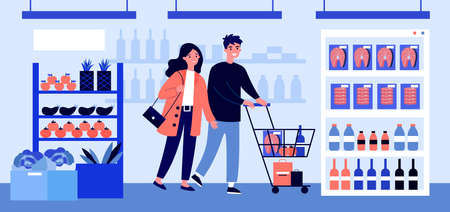 People buying food at supermarket flat illustration. Cartoon customers with cart walking down aisle, choosing products and grocery goods in store. Retail and consumerism concept.の写真素材