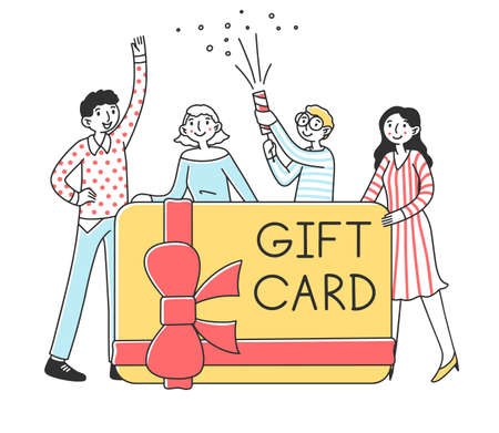 Happy people getting money gift card flat illustration. Man and woman holding big coupon or voucher on white background. Marketing strategy and business concept.の写真素材