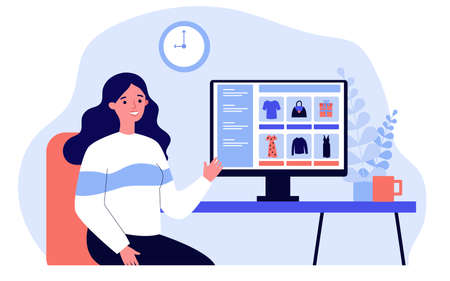 Young woman choosing clothes in online shop. Marketing, computer, store flat vector illustration. Shopping and digital technology concept for banner, website design or landing web pageのイラスト素材
