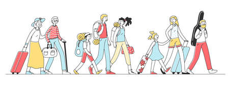 Happy tourists travelling in group flat illustration. Young and elderly families walking from airport during trip and carrying suitcases, bags and guitar. Tourism and journey conceptの写真素材