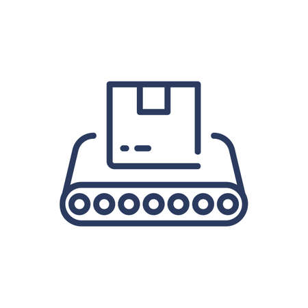 Box on conveyor thin line icon. Package, cardboard, cargo isolated outline sign. Delivery service and distribution concept. Vector illustration symbol element for web design and appsのイラスト素材