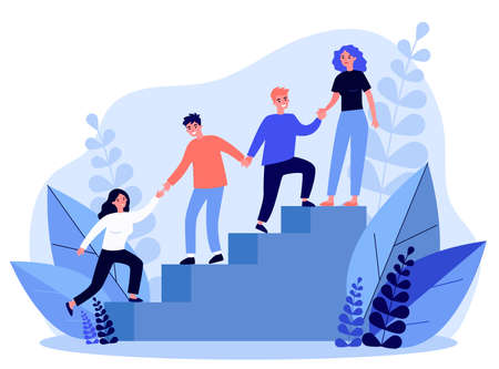 Happy young employees giving support and help each other flat illustration. Business team working together for success and growing. Corporate relations and cooperation concept.の写真素材
