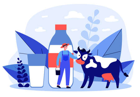 Happy young farmer standing near cow flat illustration. Man holding bucket with milk. Fresh milk with calcium and casein. Huge bottle and glass. Lactose diet and health concept.の写真素材