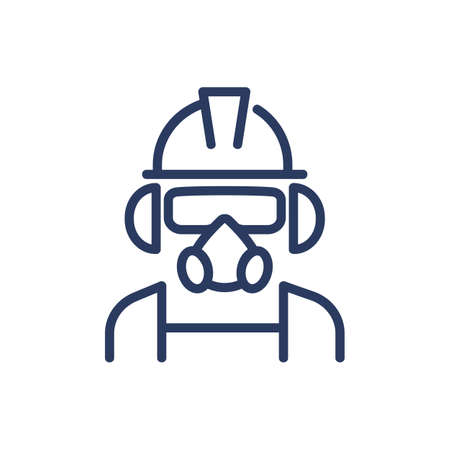 Worker in respirator thin line icon. Mask, helmet, man isolated outline sign. Work safety and protection concept. Vector illustration symbol element for web design and appsのイラスト素材