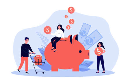 People saving money. Tiny men and women carrying cash to piggy bank. Vector illustration for investment, wealth, deposit, income conceptのイラスト素材