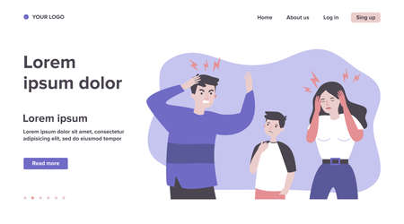 Man and woman tired of migraine. Cartoon people suffering from headache flat vector illustration. Depression and headache concept for banner, website design or landing web pageのイラスト素材