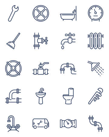 Plumbing line icons set. Bath pipes, shower, water, toilet drain, valve, tap. Thin icon collection for housekeeping service, bathroom, home repair store, plumber job and tools topicsのイラスト素材