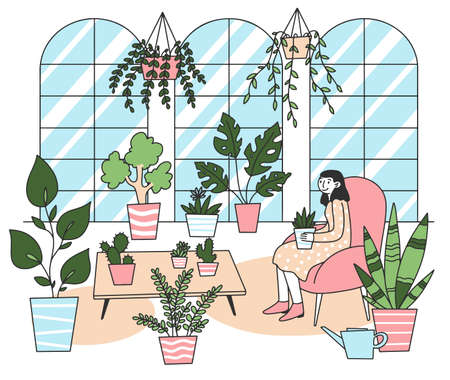 Woman holding plant in pot flat illustration. Cute lady relaxing in cozy room with houseplant. Garden, hobby and botanical conceptの写真素材