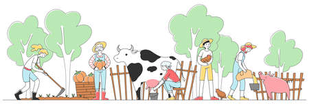 Happy people farming at countryside flat illustration. Workers milking cow, feeding pig, and growing food. Agriculture and job concept.の写真素材
