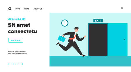 Businessman running to open exit door flat vector illustration. Cartoon office worker using safety way from job during fire or earthquake. Emergency escape and evacuation conceptのイラスト素材