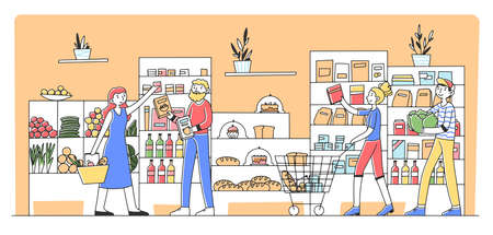Cartoon people buying products at grocery store flat illustration. Consumers and customers choosing food and putting items in cart. Consumerism and supermarket conceptの写真素材