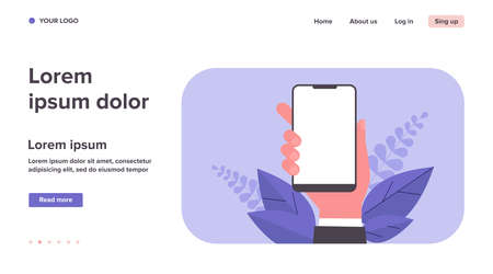 Phone in hand flat vector illustration. Cartoon hand holding mobile phone, making blank screenshot, using face id. Software and technology conceptのイラスト素材