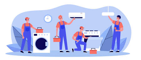 Happy servicemen repairing machines at home flat illustration. Electrician, mechanic or repairer at work. Repair and maintenance concept.の写真素材