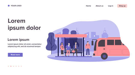 Passengers standing at bus stop. Businessman, senior man, student waiting vehicle. Vector illustration for city transportation, commuters, urban life conceptのイラスト素材