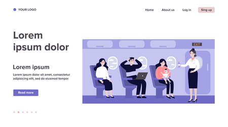 Woman with screaming baby travelling by plane. Stressed passengers, stewardess with water flat vector illustration. Transportation, tourism concept for banner, website design or landing web pageのイラスト素材
