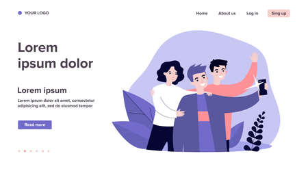 Selfie with friends flat vector illustration. Cartoon happy people smiling and taking group portrait photo. Friendship and technology conceptのイラスト素材