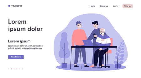 Two young and one senior men watching movie. Guys explaining to granddad how to use laptop flat vector illustration. Technology and entertainment concept for banner, website design or landing web pageのイラスト素材