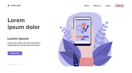Smartphone app installation. Half loaded, phone settings, device screen flat vector illustration. Application, maintenance concept for banner, website design or landing web pageのイラスト素材