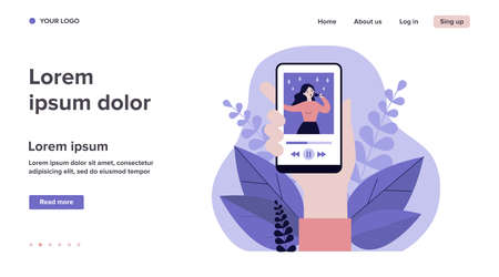 Smartphone user watching talent show or concert. Video player, streaming, media content flat vector illustration. Internet, communication concept for banner, website design or landing web pageのイラスト素材