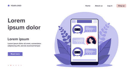Woman consulting chatbot. Online chat for customer support with ai assistant. Vector illustration for artificial intelligence, internet conversation, robotic technology conceptのイラスト素材