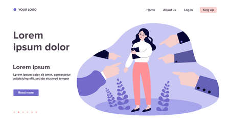 Victim of social bullying. Index fingers pointing at sad depressed woman feeling shame, guilty. Vector illustration for society conviction, denunciation, blame, accusing conceptのイラスト素材