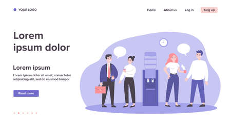 Office colleagues meeting at water dispenser, drinking coffee, discussing gossips . Flat vector illustration for work break, corporate talks and chatting, communication conceptのイラスト素材