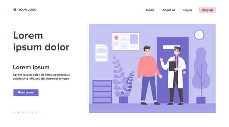 Patient visiting doctor office. Young man consulting physician in hospital or clinic. Can be used for healthcare, medical consultation, diagnosis, healthcare, therapy conceptのイラスト素材