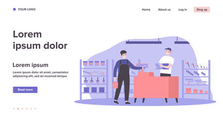 Male customer buying construction tools in store. Man standing at cash register counter and paying cash. Vector illustration for hardware construction shop, building worker, home repair conceptのイラスト素材
