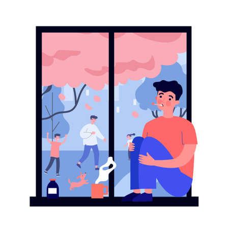 Sick young man with flu looking at window. Disease, loneliness, medication flat vector illustration. Healthcare and isolation concept for banner, website design or landing web pageのイラスト素材