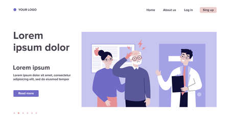 Senior man going to doctor because of migraine. Physician consulting patient in pain flat vector illustration. Depression and headache concept for banner, website design or landing web pageのイラスト素材