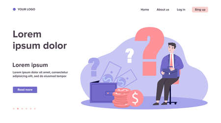 Sad man concerned about financial problem, money need and unpaid loan debts. Male character, question mark, wallet with cash. Vector illustration for finance, bankruptcy, trouble conceptのイラスト素材