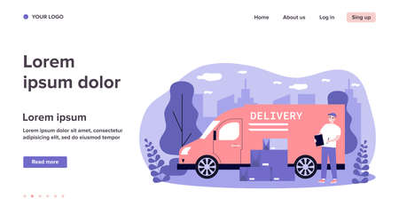 Shipping, transportation, delivery, cargo concept. Positive courier or postman standing near his truck and heap of boxes. Flat vector illustrationのイラスト素材
