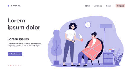 Young beautiful woman giving medicine to sick man in plaid flat vector illustration. Cartoon person sitting in armchair, having flu and getting cold. Healthcare and sickness concept.のイラスト素材
