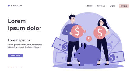 Young family investing money for future flat vector illustration. Man and woman saving finances on deposit for house. Economy and financial independence concept.のイラスト素材
