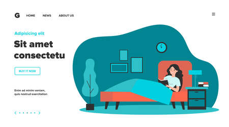 Happy woman reading book in bed. Female student studying library textbook before going to sleep. Vector illustration for healthy habit, leisure, literature conceptのイラスト素材