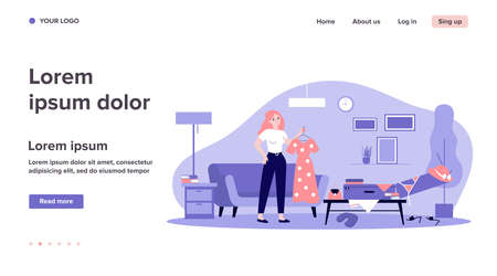 Young girl packing bag for travel flat vector illustration. Cartoon lady choosing clothes for trip, standing near open suitcase. Preparation and vacation conceptのイラスト素材
