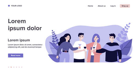Young friends drinking cocktails at party flat vector illustration. Happy teenager characters smiling, rousing cheers together and celebrating. Alcohol drink and friendship conceptのイラスト素材
