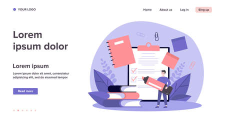Man with marker making checklist. Male character with school supplies, papers, notes, memos, notebook. Vector illustration for planning, manager job, stationery conceptのイラスト素材