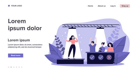 Woman signing at talent show flat vector illustration. Future celebrity singer standing on scene or stage in front of jury assessing her. Competition and television contest concept.のイラスト素材