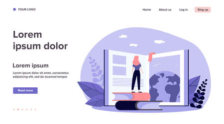 Student girl standing at open book, studying global literature, training skills. Flat vector illustration for education, knowledge, school, library conceptのイラスト素材