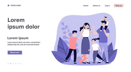 Tired young parents and mischievous happy children flat vector illustration. Exhausted mother and father surrounded by kids. Large family and parenting conceptのイラスト素材