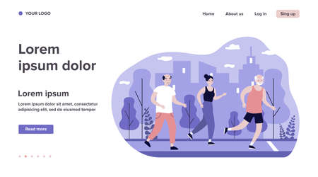Senior people jogging in city park. Old men and women running marathon flat vector illustration. Lifestyle and sport concept for banner, website design or landing web pageのイラスト素材