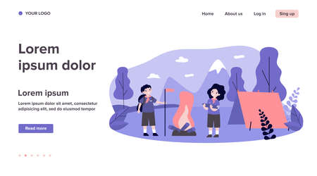 Scout kids camping in mountains. Happy children in uniform making fire near tent. Flat vector illustration for outdoor adventure, vacation, exploration conceptのイラスト素材