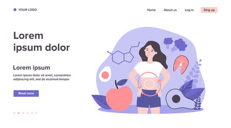 Metabolism of human organism flat vector illustration. Cartoon young woman eating diet food for energy. Digestion, metabolic system and hormones conceptのイラスト素材