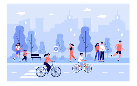 People on city street. Happy young men and woman walking outdoors, riding bikes down urban road, spending weekend in park. Vector illustration for lifestyle, summer outdoor activities conceptのイラスト素材